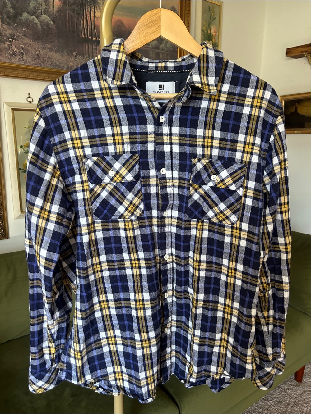 Standard Issue Navy and Yellow Plaid Button-Down Flannel Shirt